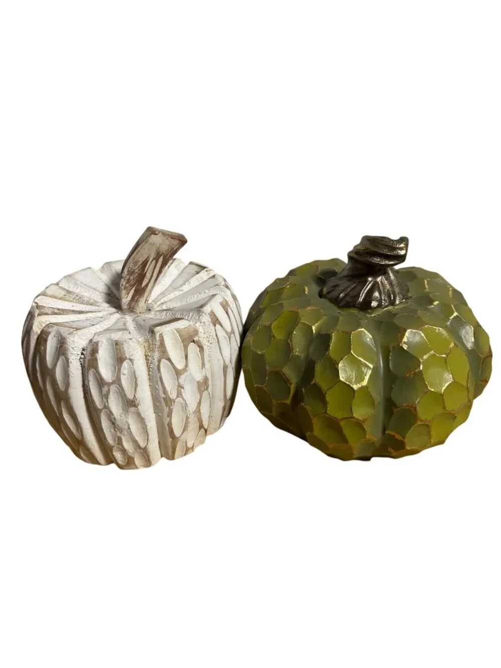 Carved Wood & Resin Pumpkin Decor Set Of 2 Rustic White & Green Gold Accents